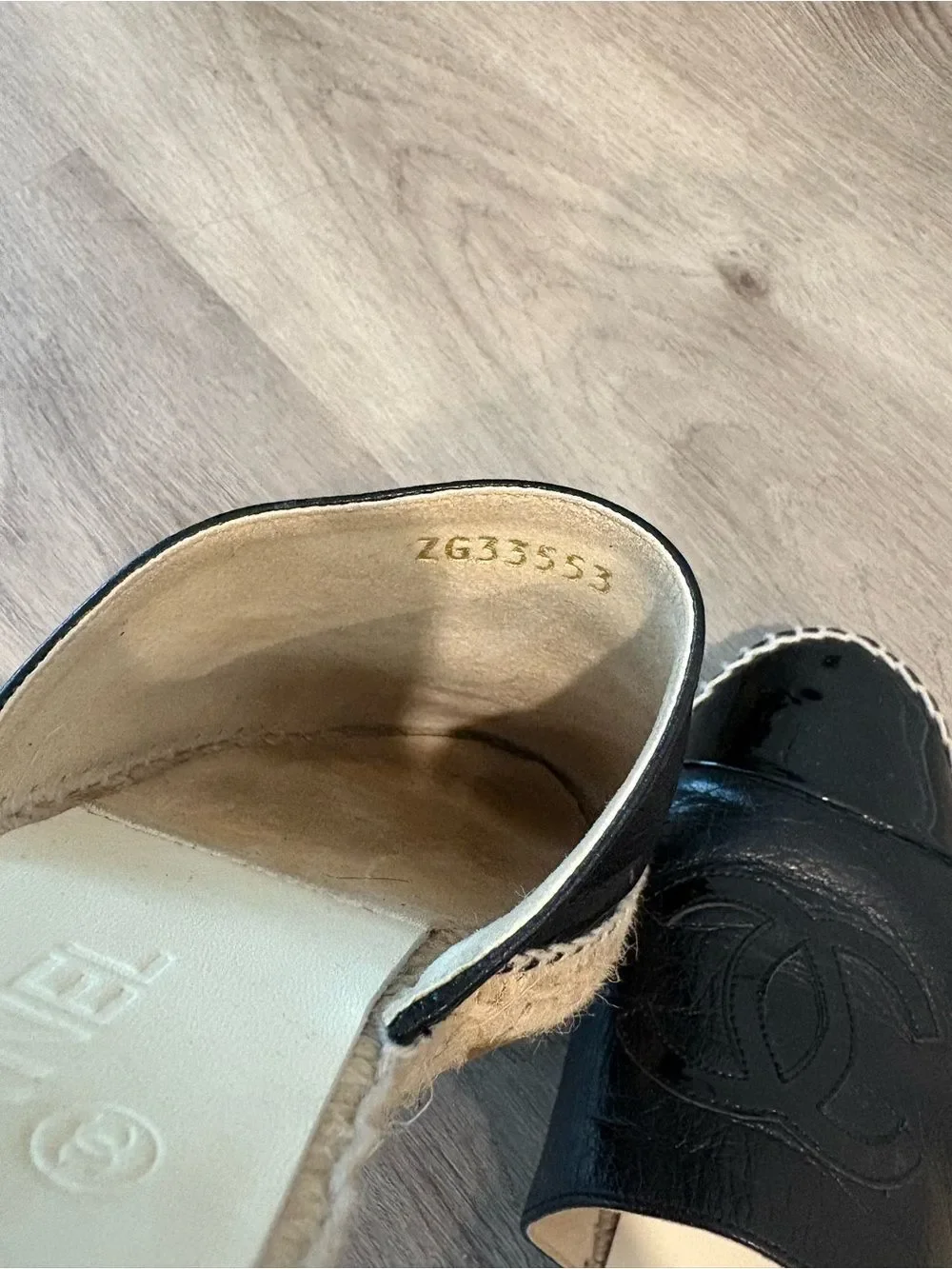 CHANEL Black Leather & Patent Espadrille Mule slide on